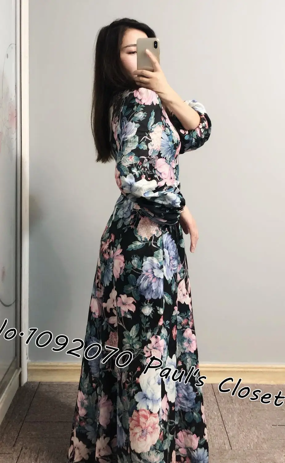 Женское длинное льняное платье макси с цветочным принтом и рукавами-баллонами |