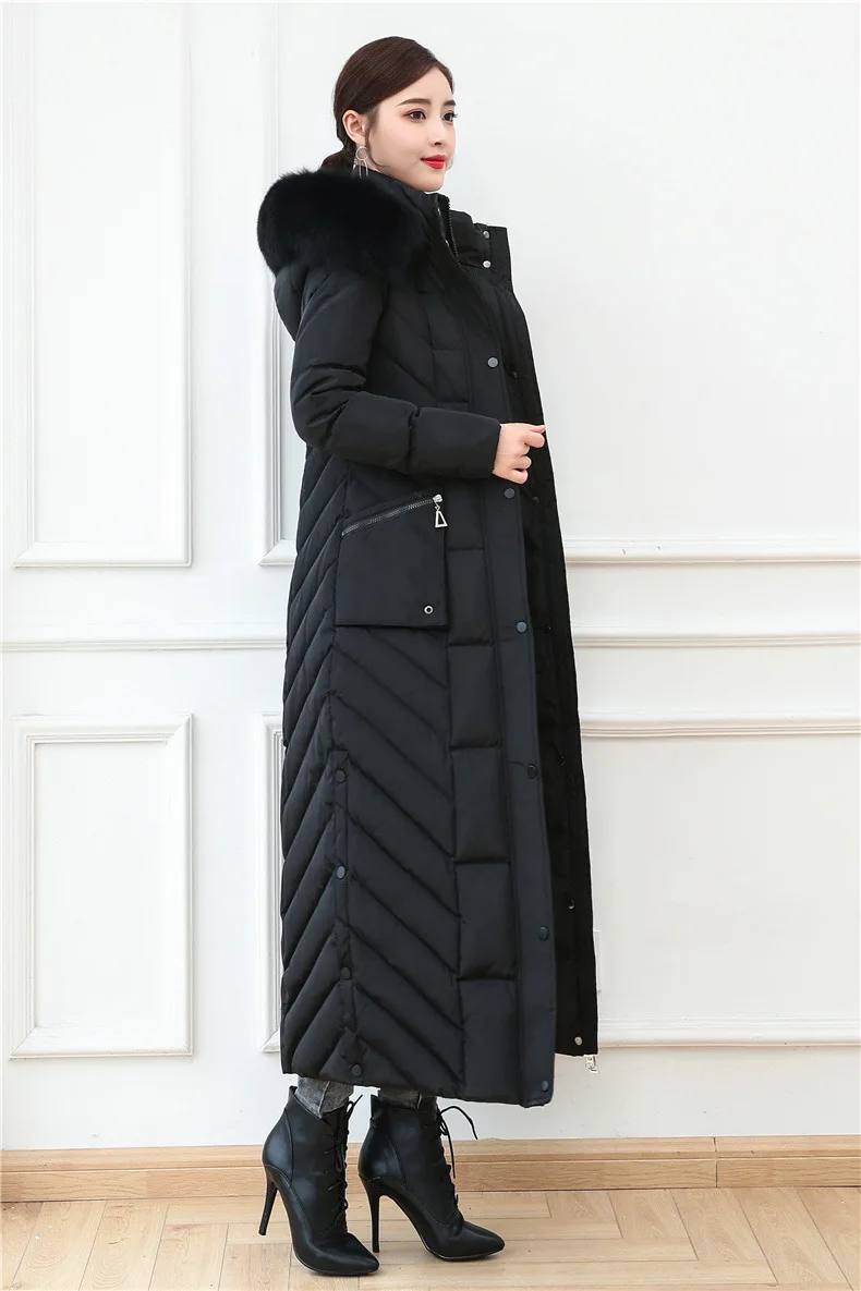 S- 4XL plus size Winter over the knee X-long 90% Duck down coat female X-Long thick warm Down Jacket real fox fur Parkas F442