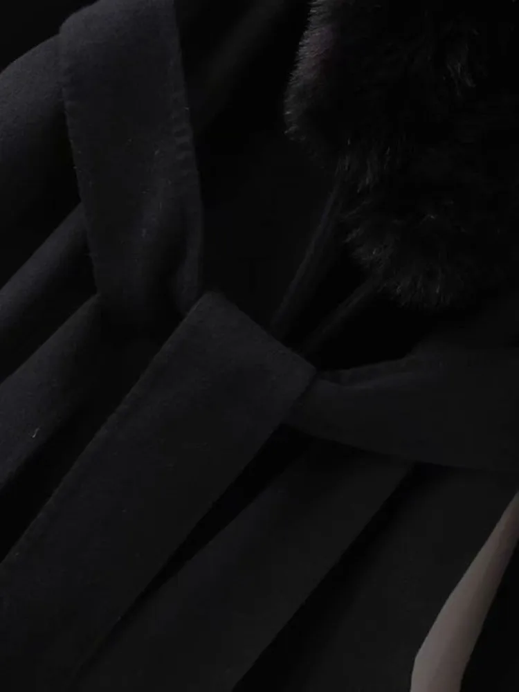 

PUWD Vintage Woman Big fur collar Coat 2020 Fashion Ladies Winter long Wool&Blends Jackets Female Adjustable Waist Coats