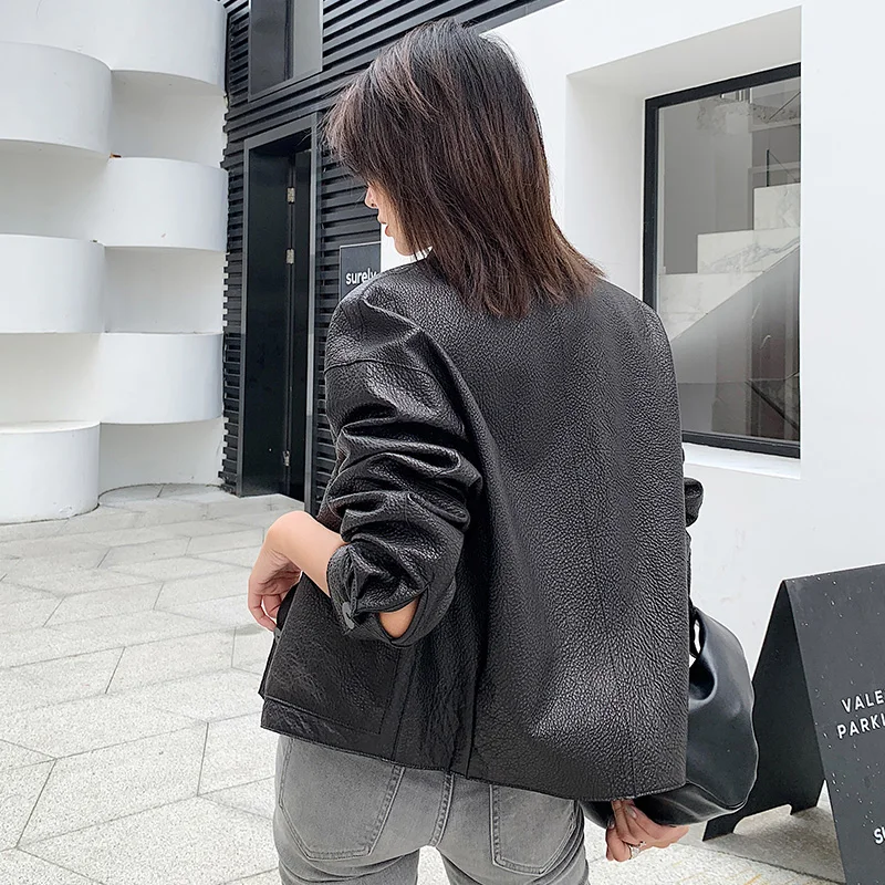 

JCHB 2021 coat leather Haining genuine women's short autumn and winter New lapel sheep bubble leather single leather jacket sma