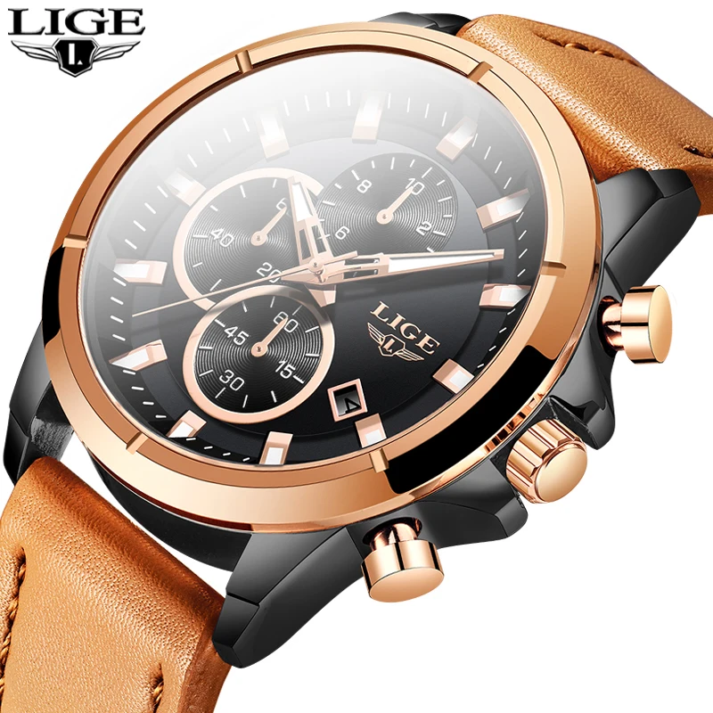 Watch Men 2020 LIGE Business Mens Watches Top brand Luxury Quartz Clock Casual Leather Gold For Waterproof Chronograph | Наручные часы