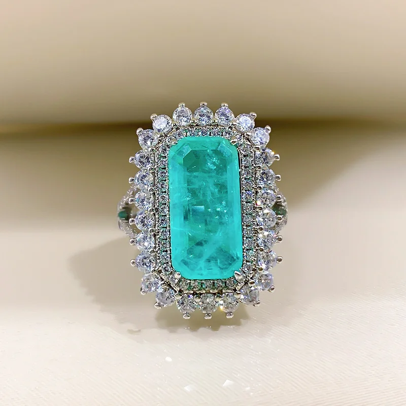 

2021 изысканные 8*16 мм прямоугольные изумрудные огранки Paraiba турмалиновый драгоценный камень Регулируемые кольца для женщин на день рождения ...