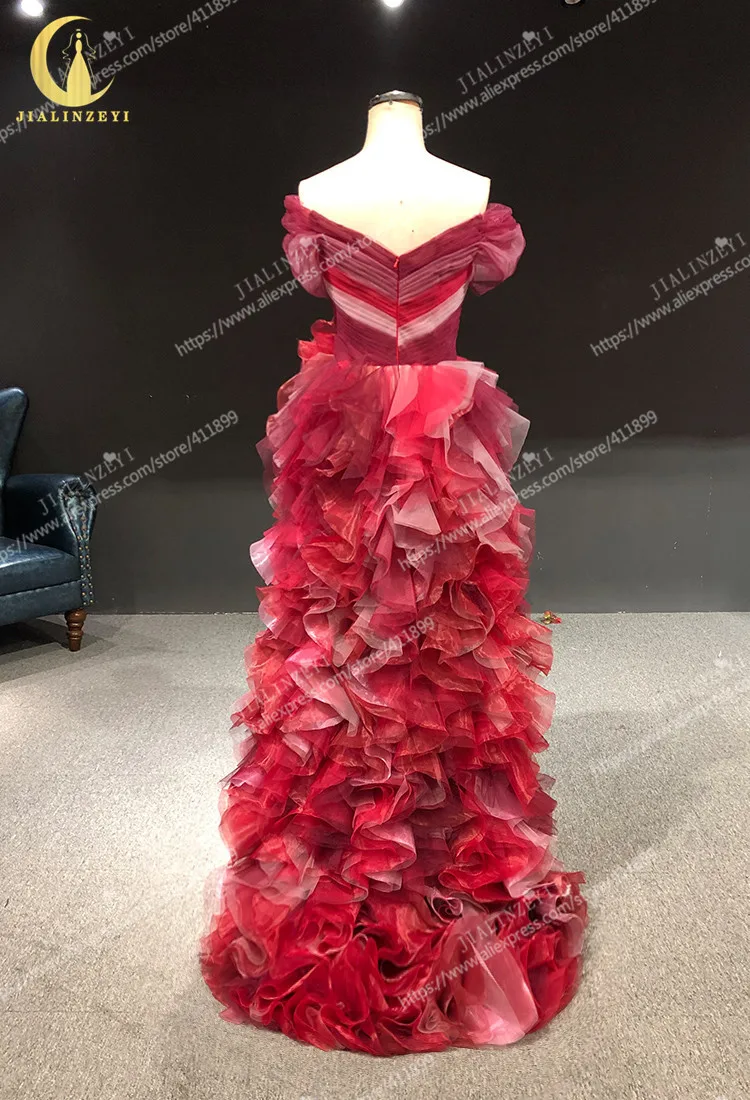 

Rhine Real picture Off The Shoulder Red Ruffle Slit Floor Length women evening dress long formal dresses 2021
