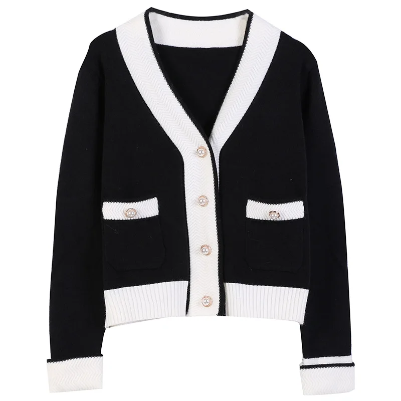 

2021 Women Solid Sweater Cardigans Jacket Ladies Thick White Black Sweater Pearl Buttons Cardigan Jacket New V-neck Coat Outwear