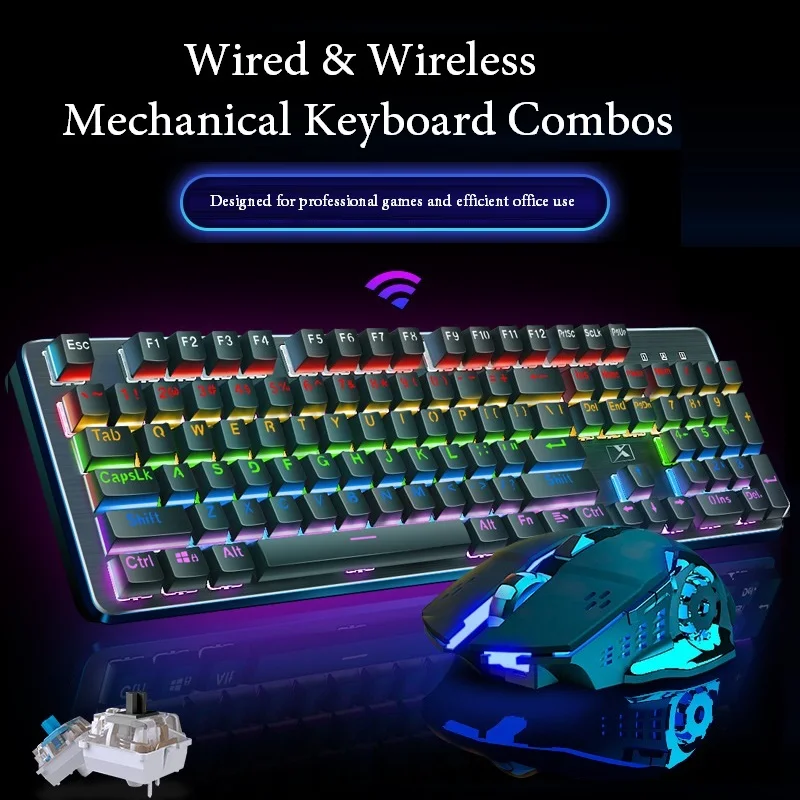104 Key Mechanical Keyboard Blue/Black Axis for Officer Gamer Dual Mode Wired/Wireless Mouse Combos | Компьютеры и офис