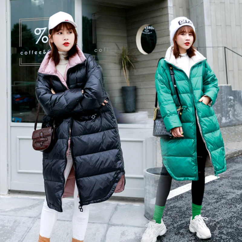 Женский длинный пуховик однотонный теплый свободный из хлопка зима 2019 | Женская