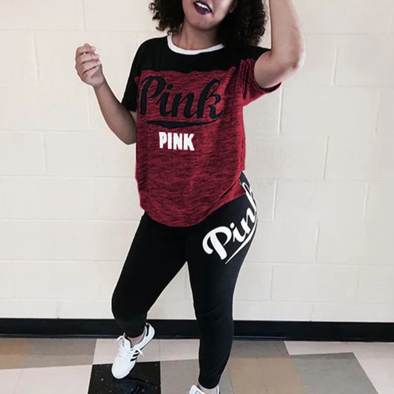 PINK Plus Size XXXL Women'S Summer Tracksuit Printing Outfits Short Sleeve T-Shirts And Long Pants 2 Piece Set Fitness |