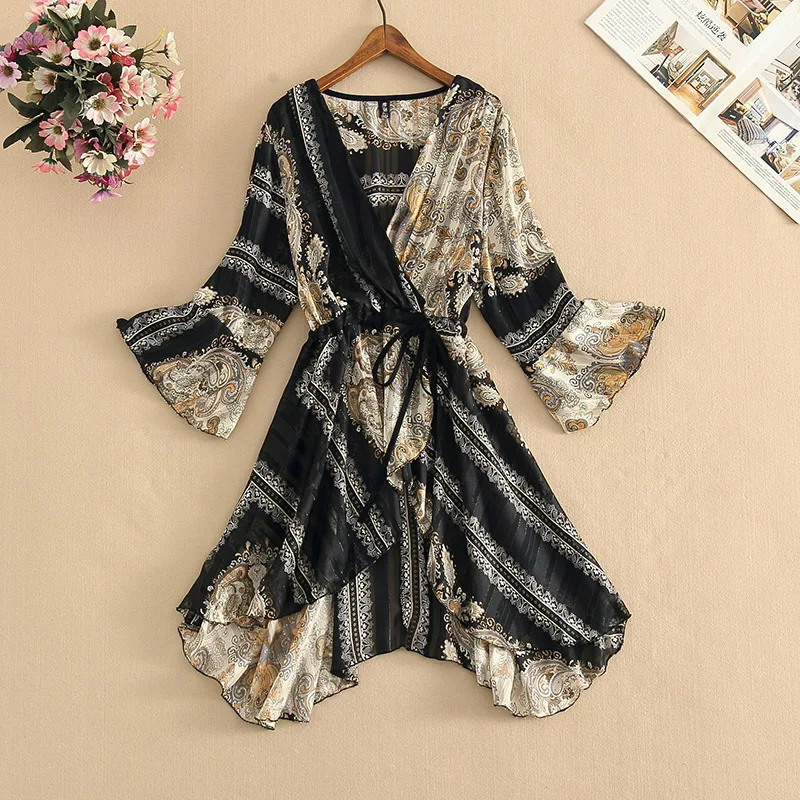 

Sexy V-neck Half Sleeved Chiffon Printed Dress Women's Fashion Casual Elegant Belt Party Ruffle Dress Female Summer Clothing New