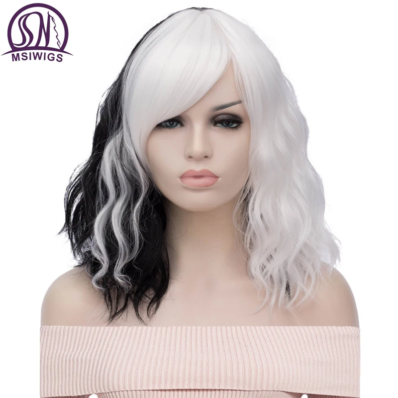 MSIWIGS-Peluca de cabello sintético para mujer, cabellera corta ondulada, color blanco y negro, color púrpura y arcoíris, resistente al calor