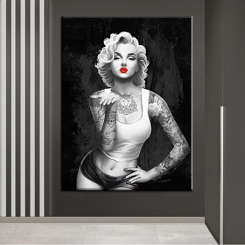 

Canvas Print Abstract Cool Sexy Marilyn Monroe Tattoo Painting Black and White Women Poster Portrait Wall Art Picture Home Decor