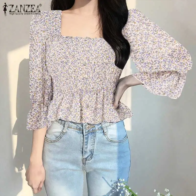 

Womens Summer Holiday Pleated Tops ZANZEA Elegant Floral Print Tunic 2021 Fashion Flare Sleeve Blusa Casual Lady Backless Blouse