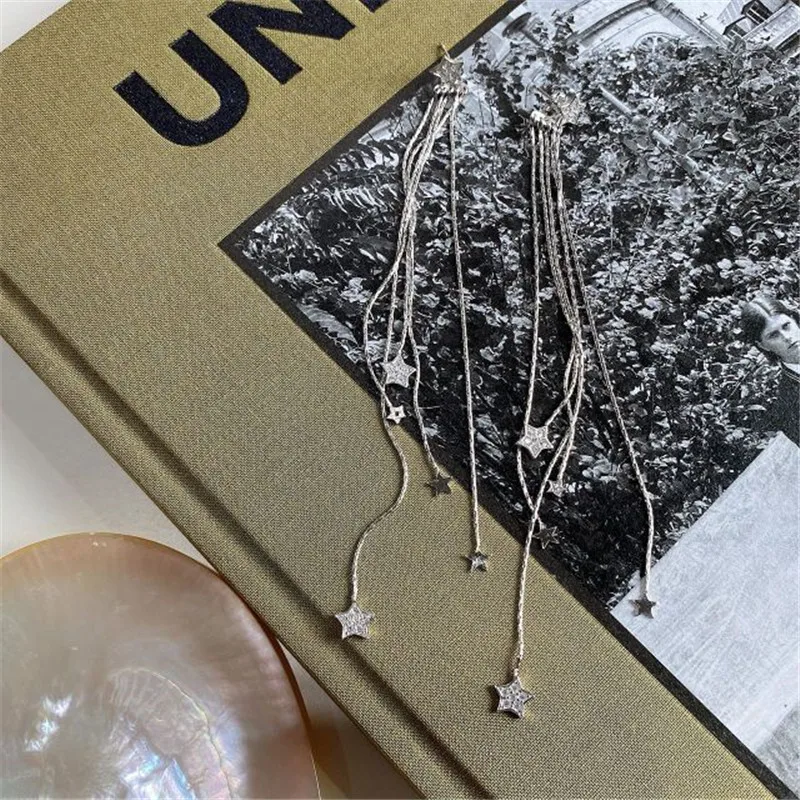 

POFUNUO 100% Real 925 Sterling Silver Minimalism Women Long Star Tassels Drop Earrings Feamle Nordic Cool Luxury Dangle Earrings