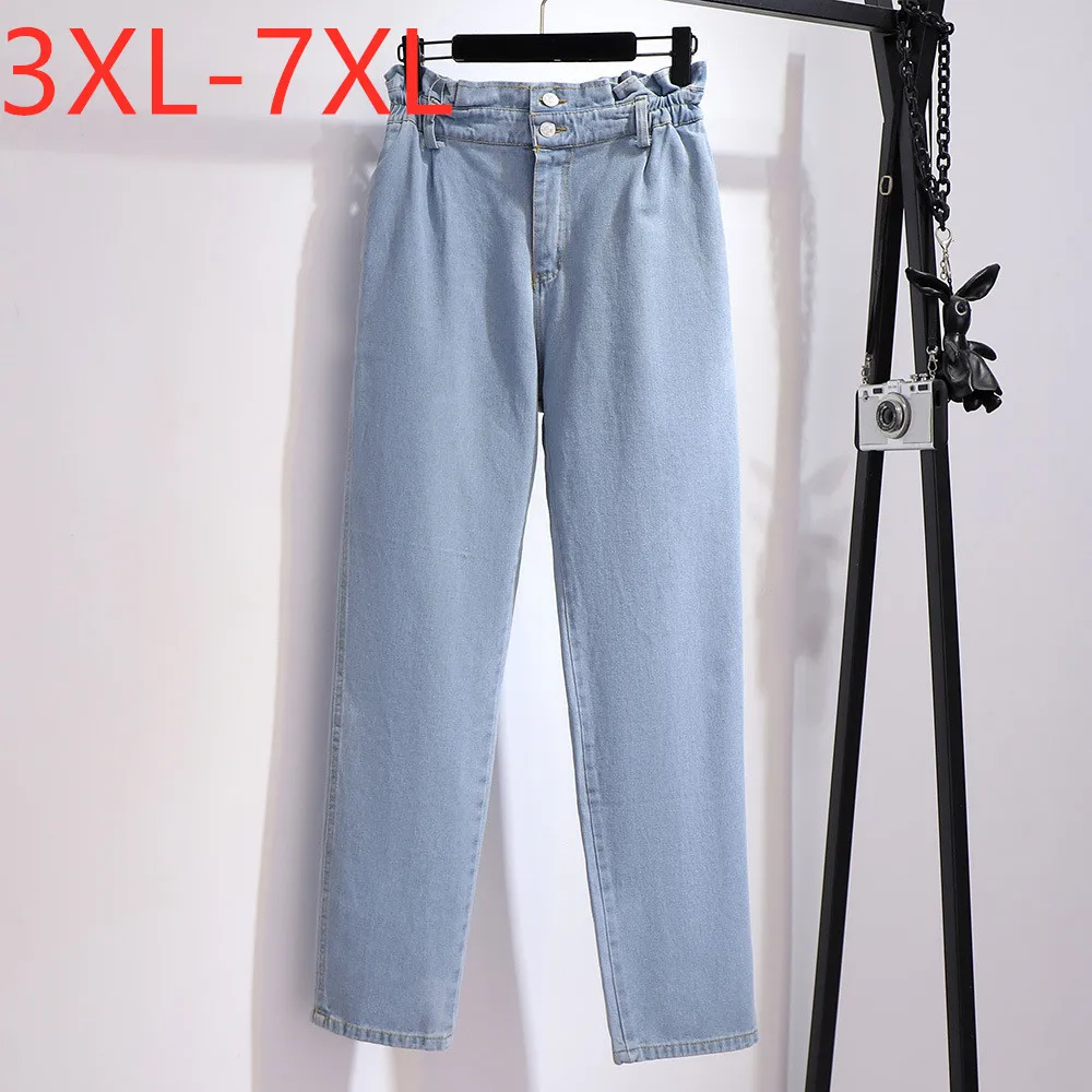

New 2021 autumn plus size jeans for women large loose casual elastic waist cotton pocket denim long pants blue 4XL 5XL 6XL 7XL