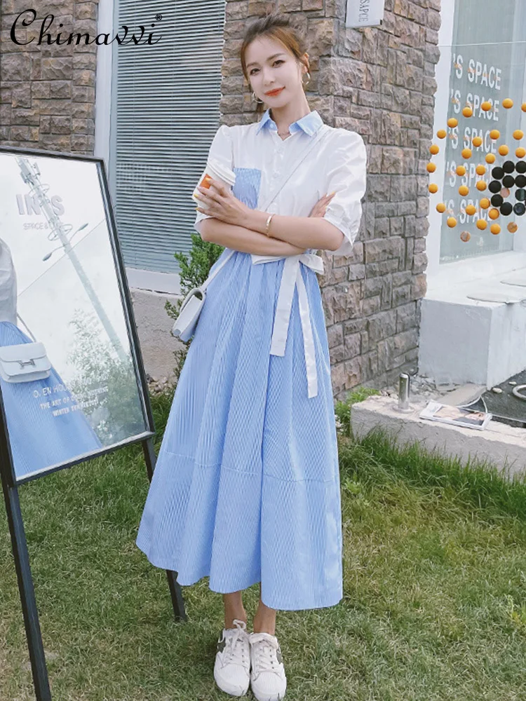 

Big Shirt Bodycon Dress for Women 2021 Summer Slim Waist Stitching Love Long Dress Female Plus Size Preppy Style Dress