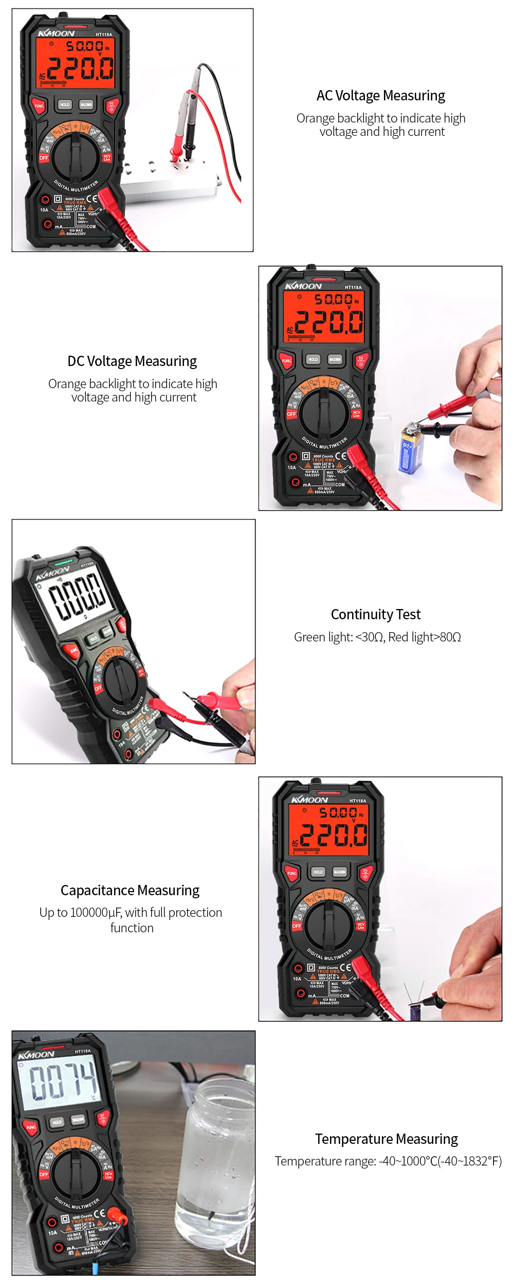 HT118A Многофункциональный цифровой мультиметр 6000 отсчетов True RMS измерения