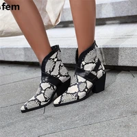 chunky motorcycle boots for women high heels ankle boots snakeskin zipper winter boots for ladies retro style fashion women shoe