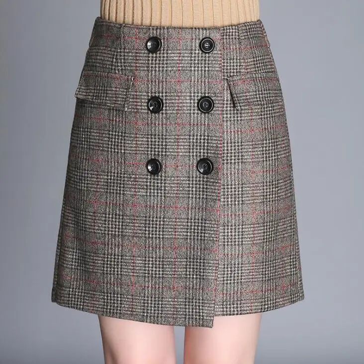 

2020 Women Woolen Mini Spring Autumn Winter Vintage A-Line Plaid High Waist Femininas Elegant OL Retro Skirt Female