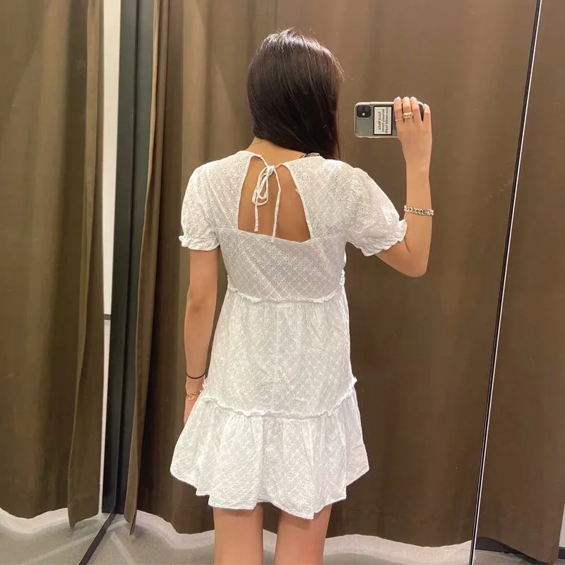 

ZA 2021 Women Openwork Embroidered Summer Dress Short Puff Sleeve Ruffle Hem White Mini Dresses Chic Embroiderey Backless Dress