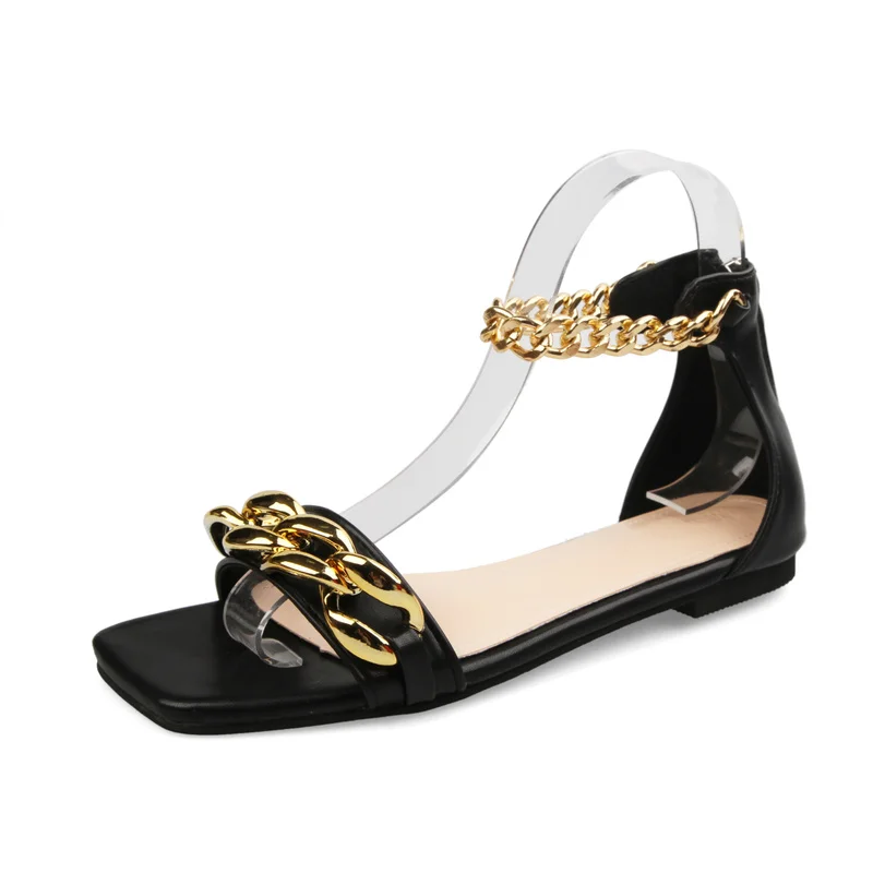 

2021 Summer Women's Shoes Square Cover Heel Open Peep Toe Sandals PU Casual Metal Decoration Gladiator Patchwork