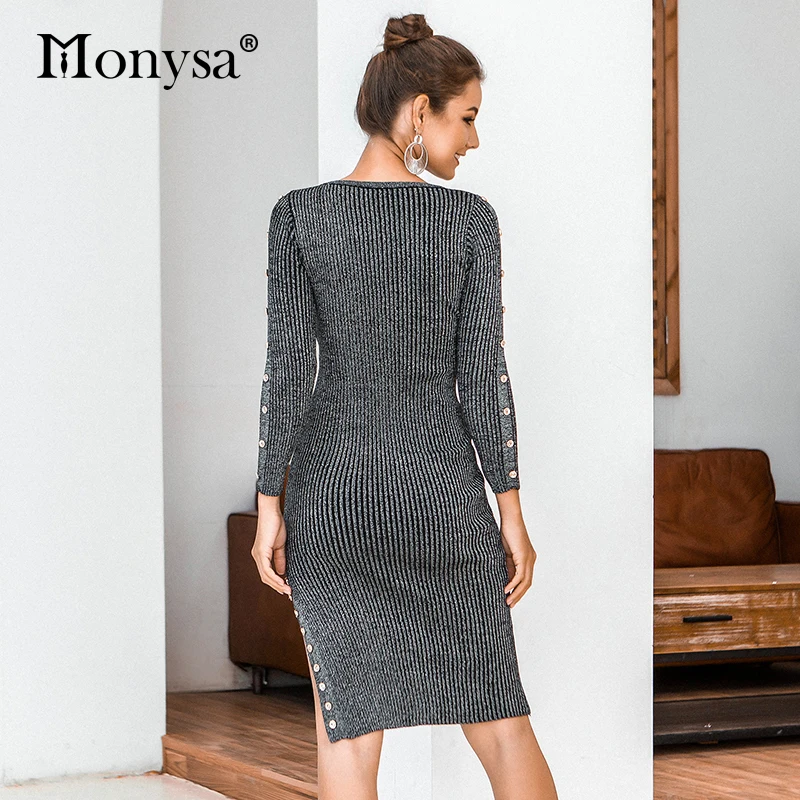 Трикотажное облегающее платье женское осеннее свитер с длинным рукавом