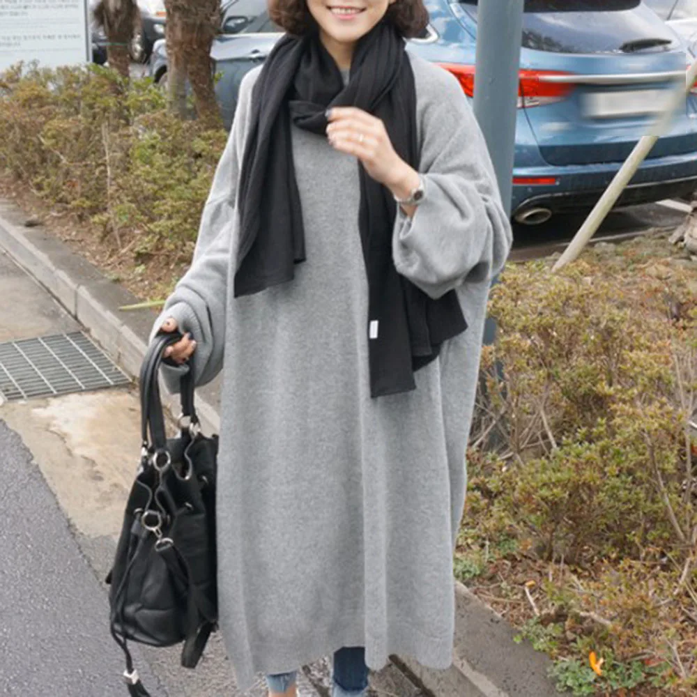 

2021 Women Casual Sweater Dress Long Sleeve Loose Solid Color Pullover Knit Autumn Korean College Dress Girl Lantern Skirt