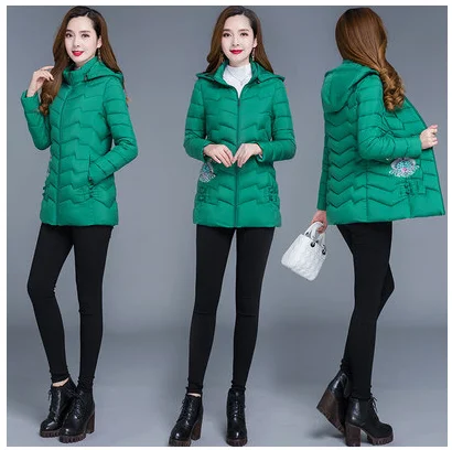 

Winter women's fashion printing light and thin hooded simple plus size down down jacket mid-length coat cotton coat winter jacke
