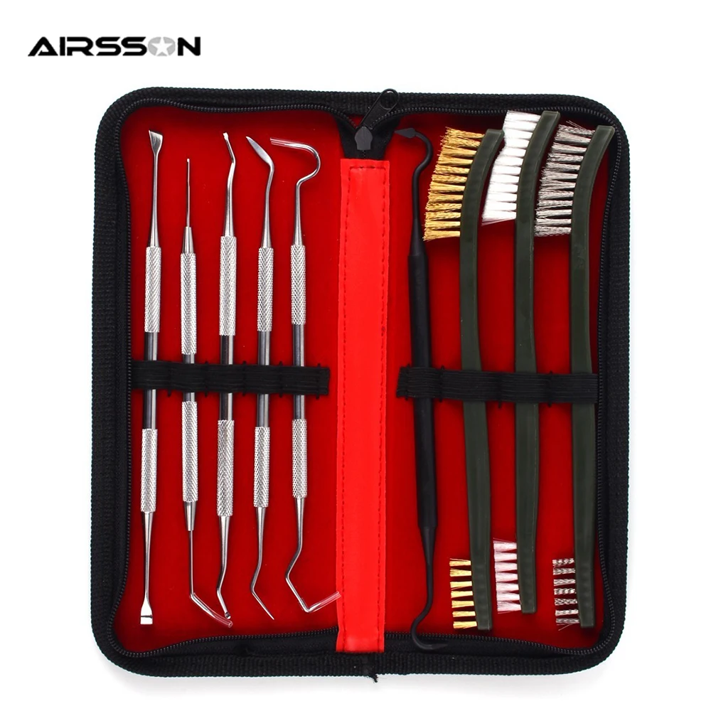 

9pcs/Set Tactical Gun Cleaning Kit 3pcs Double-head Brush+6pcs Stainless Steel Pick Airsoft Hunting Rifle Pistol Gun Clean Tools