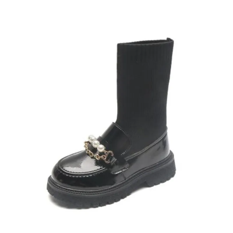 

Детские ботинки с жемчугом, плетеные, до середины икры, из искусственной кожи, на металлической цепочке, без застежки, Нескользящие, модная о...