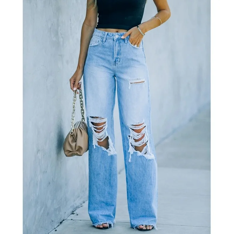 

Women's Jeans Medium Waist Trousers Light Blue Washed Jeans Casual Pants Jeans Ripped Women Demin Pants Mom Jeans