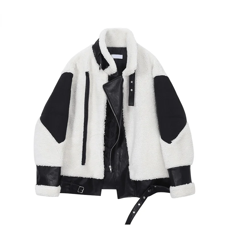 

Fashion Black White Cashmere Autumn Winter Fluffy Lamb Wool Jacket Women Coat Zipper Thick Warm Loose Jacket Belt Female Vintage