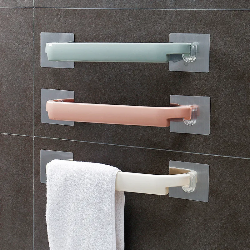 Bathroom Towel Hanger Plastic Towel Holder Bath Kitchen Hotel Self Adhesive Hanging Rail Bathroom Supplies Rod Organiser Rack