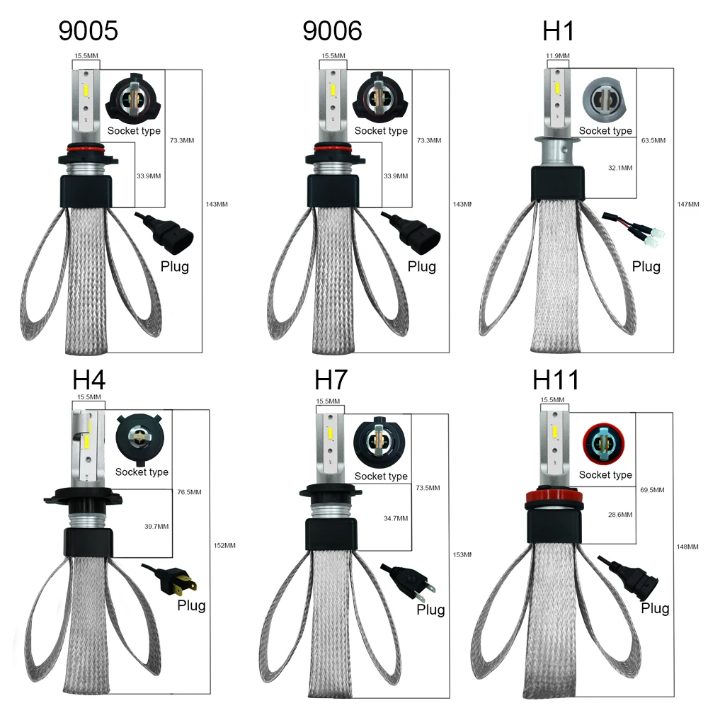 T8 светодиодный головной светильник Светильник лампы H4 H1 H7 H11 9005 9006 CSP-6000K 80 Вт 9600LM