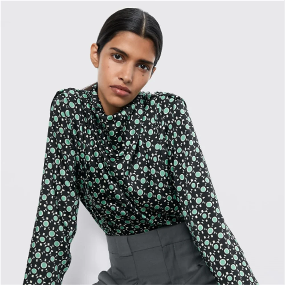 2020 ZA новая весенняя женская рубашка с принтом модная зеленая шифоновая Boho со