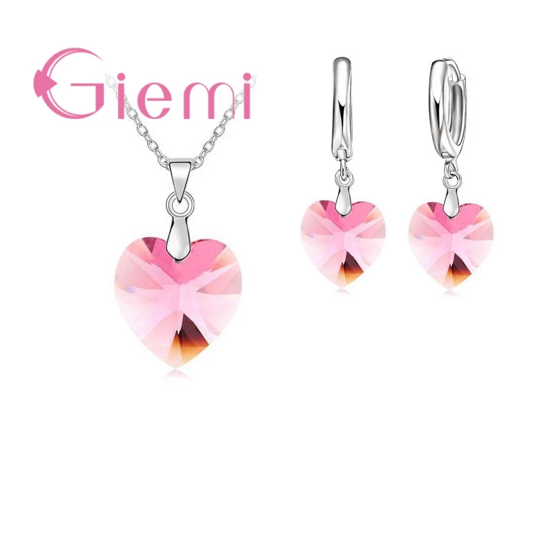Pink-Loop Authentic 925 Sterling Silver Jewelry Sets for Women Girls Gifts Austrian Crystal Heart Pendant Necklace Thread Earrings Chain - Окраска металла: Pink-Loop