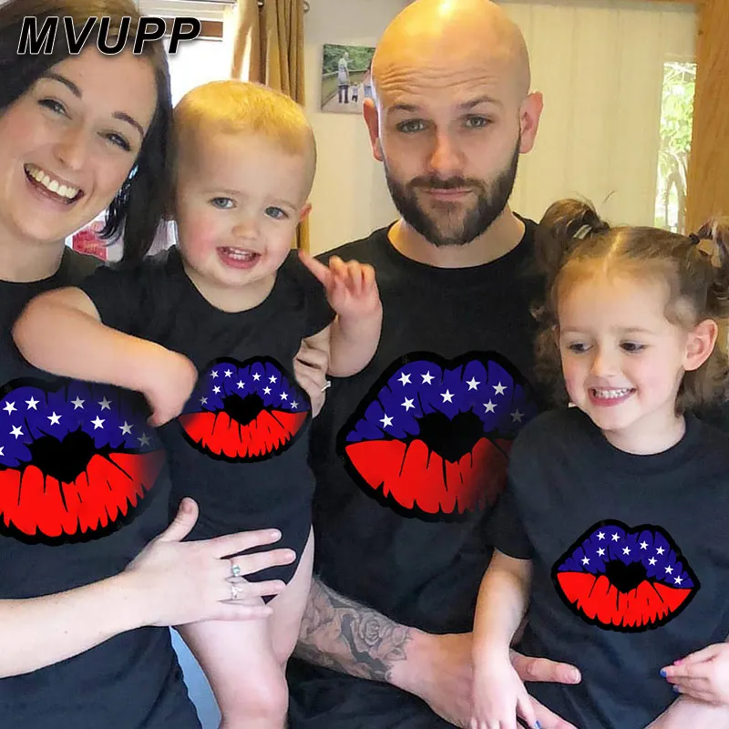 

family look matching tshirts mother and daughter clothes black cotton lips pattern Summer hipster mommy baby girls dad boys soft