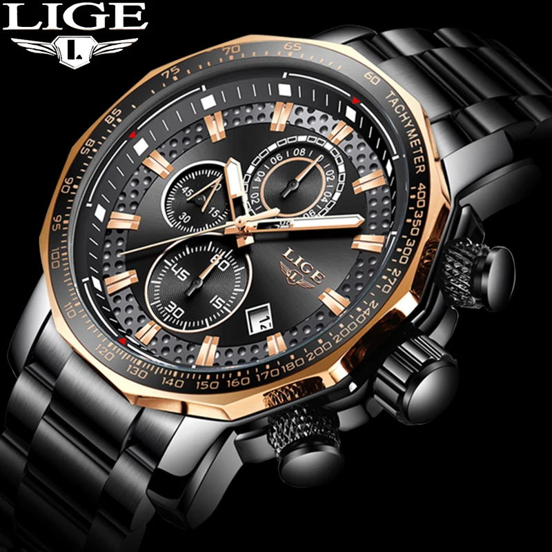 Часы наручные LIGE Мужские кварцевые брендовые Роскошные спортивные полностью