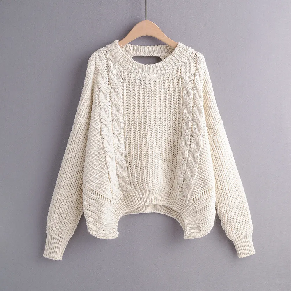 Повседневный вязаный свитер с грубой иглой желтый вырезом сзади Осень-зима 2019