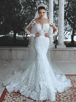 sparkly lace wedding dress mermaid illusion bodice vestido de noiva long sleeve sheer neck appliques bridal gowns 2021
