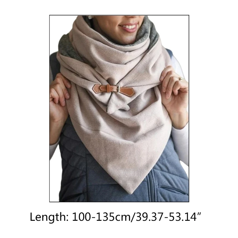 

Women Large Triangle Scarf with Faux Leather Buckle Solid Color Thicken Neck Warmer Snood Windproof Blanket Shawl Wrap