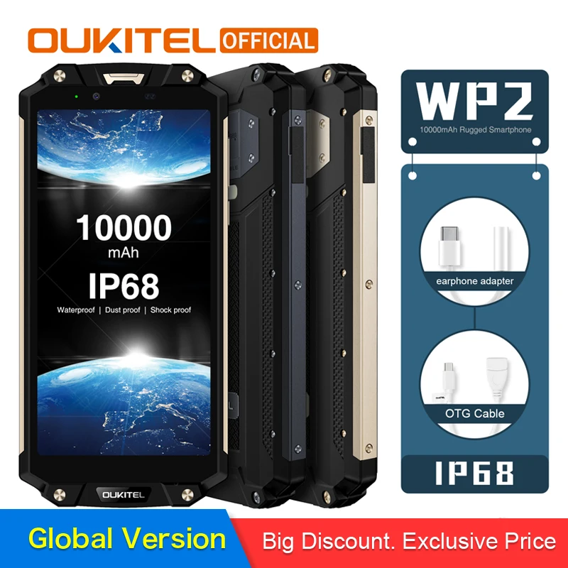 OUKITEL WP2 IP68 водонепроницаемый пылезащитный ударопрочный мобильный телефон 4 Гб 64 Гб MT6750T Восьмиядерный 6," 18:9 10000 мАч смартфон с отпечатком пальца