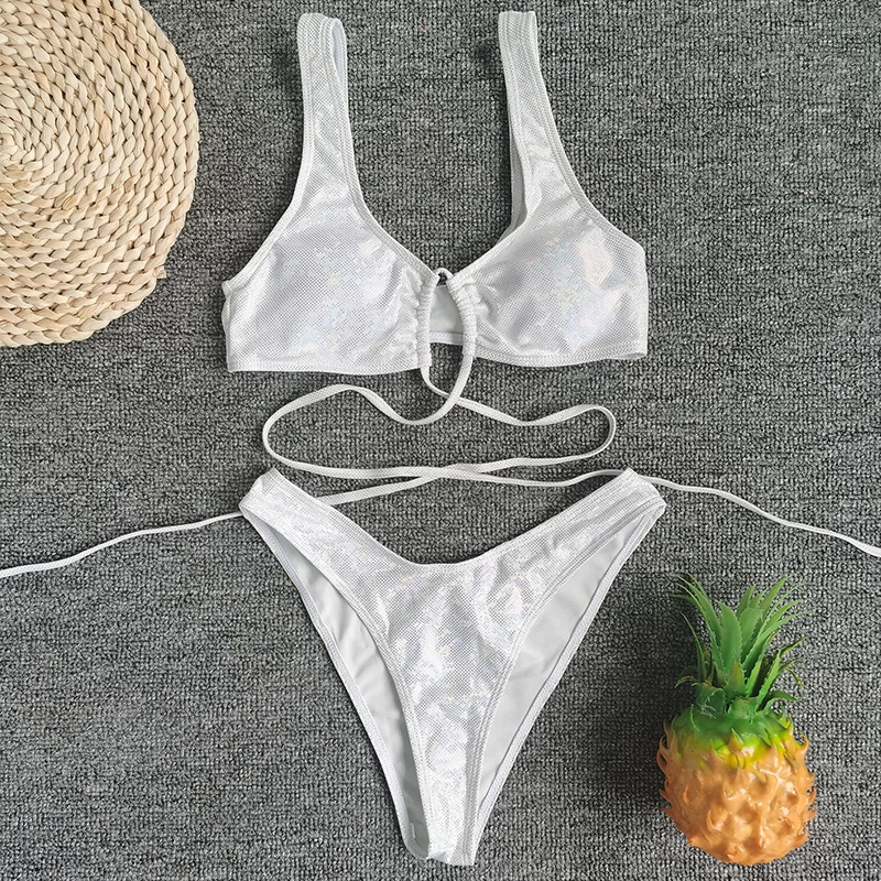 

2020 Sexy Women Swimsuit Solid Bright leather Swimwear White Bathing Beach Suit Beachwear Bandage String Swim Wear Monokini New