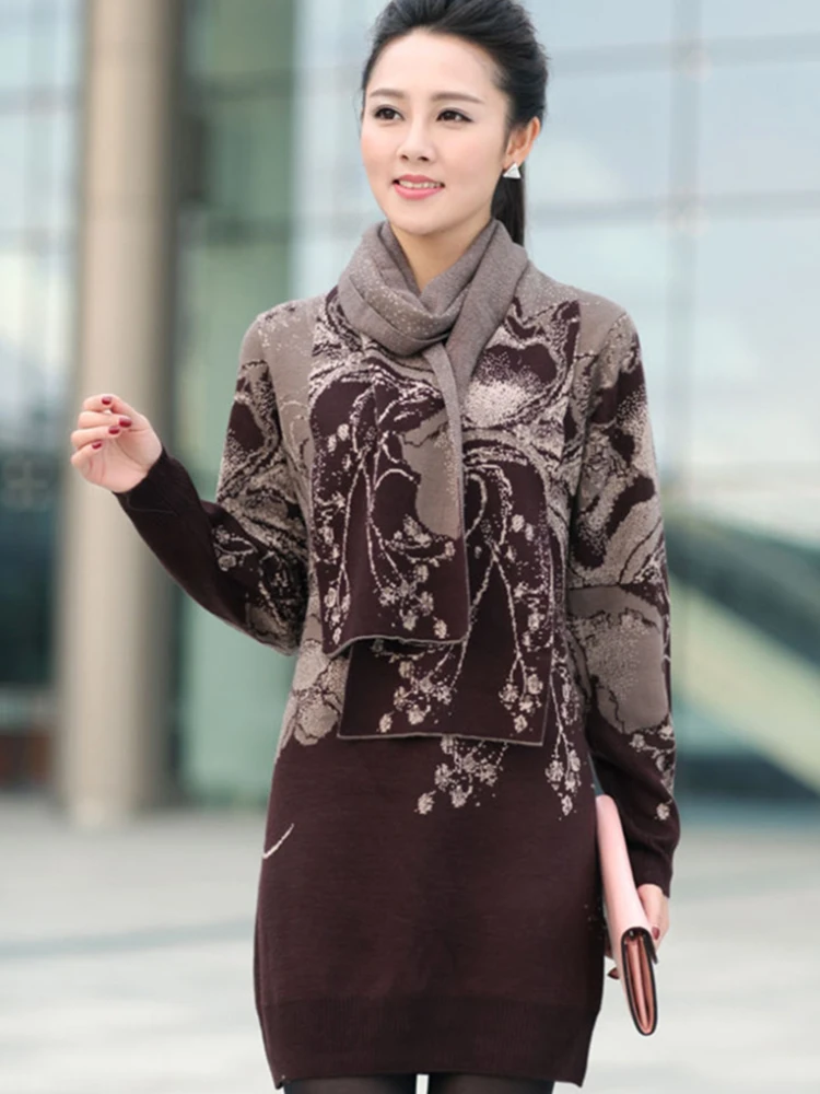 XJXKS 2022 New Women Wool Sweater Knit Middle-aged Mother Dress Autumn And Winter Plus Size Thickening Long With Scarf | Женская одежда
