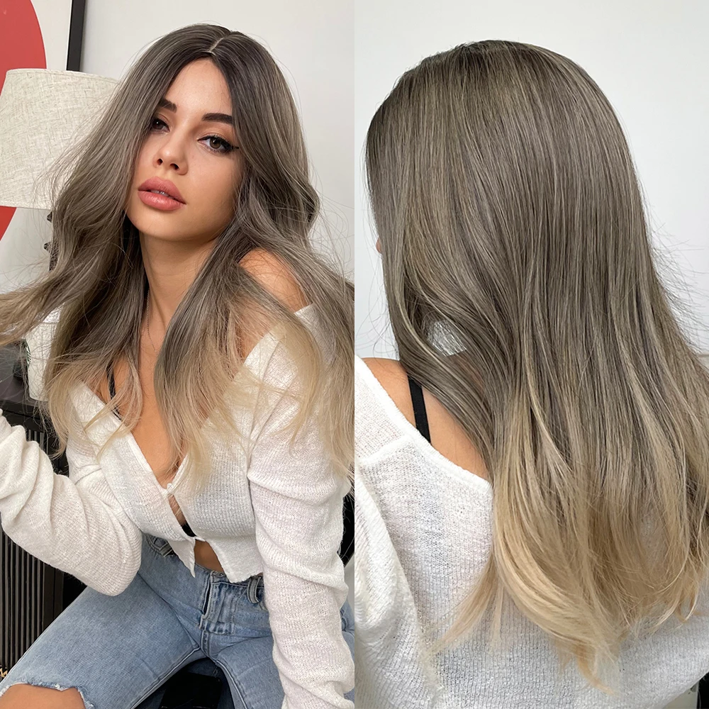 

Парик женский синтетический с эффектом омбре, жаропрочный для повседневного использования, с натуральными волосами, светлый и серый цвет, ...