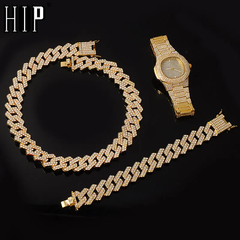 

Hip Hop 1Kit 20MM Watch +Necklace +Bracelet Heavy Iced Rhinestones Prong Cuban Chain CZ Bling Rapper Necklaces For Men Jewelry