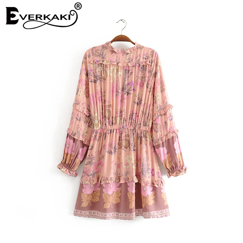 Everkaki/мини-платье с оборками для женщин, Boho, с принтом, кисточками, поясом, с завязками, с длинным рукавом, женские короткие платья, женские,, осень, Новинка
