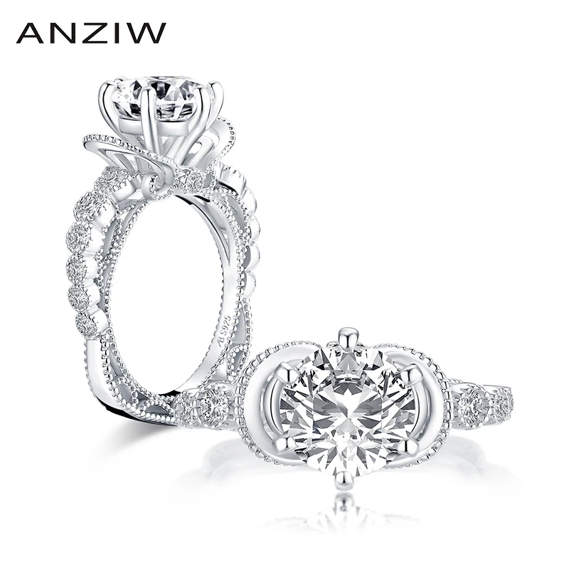 

ANZIW Fashion 925 Sterling Silver 2ct Round Cut Halo Engagement Ring Simulated Diamond Wedding 9.0mm Bridal Ring Jewelry Gift