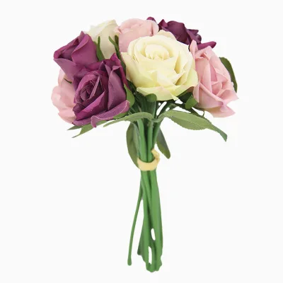 

12colors 9 Heads Silk Rose Artificial Flower Wedding Bridal Bouquet Silk Rose Flowers for Home Wedding Party Decoration
