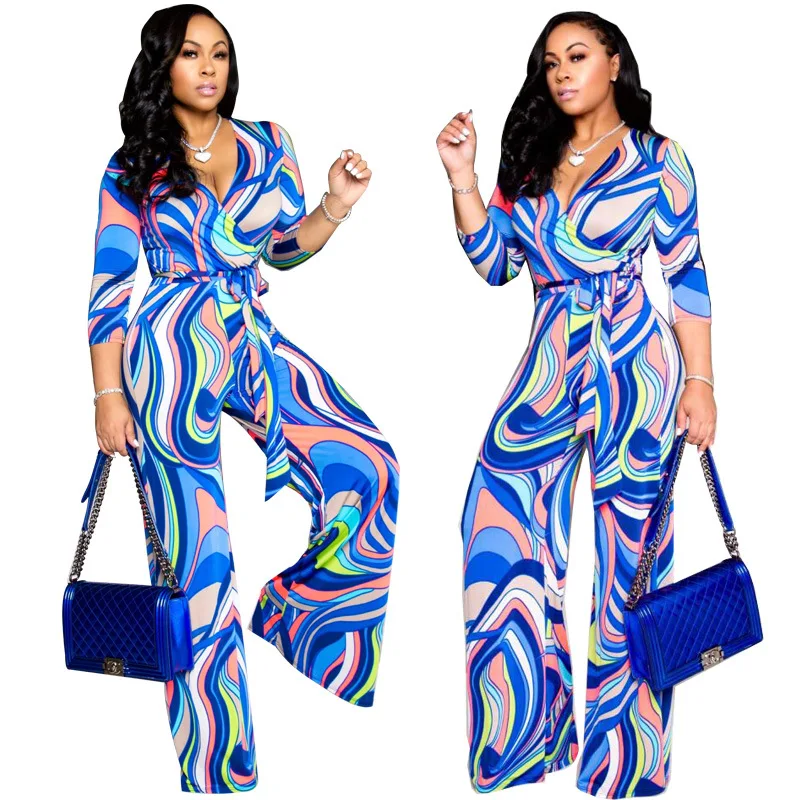 

Fashion Women's Jumpsuit New Summer Casual Hot Sale V-neck Pullover Striped Irregular Bandage Wide-leg Jumpsuit Women Donsignet