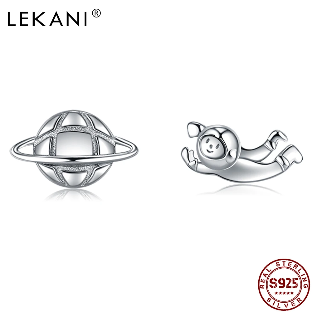 

LEKANI 925 Sterling Silver Creative Space Planet & Astronaut Asymmetry Earrings For Women Trendy Cute Stud Earring Jewelry