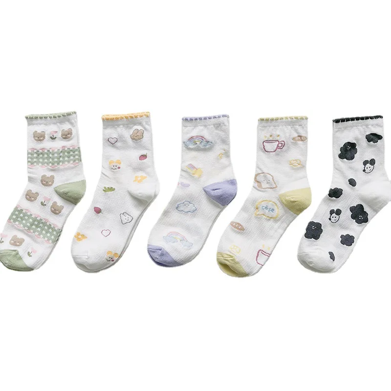 

5 Pairs Socks Food And Animal Print Lolita Kawaii Cartoon Cute Calcetines Rainbow Soft Girl Socks Women Set Summer Thin Fashion